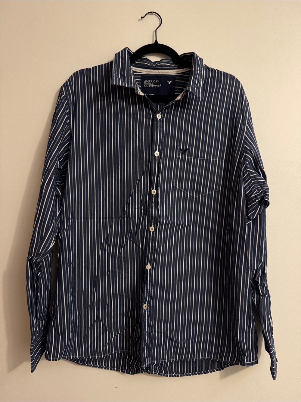 American Eagle Outfitters Navy and White Striped Button-Down Shirt - Men